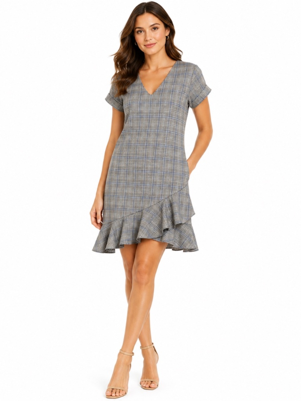 Beige Plaid Ruffle Asymmetrical Hem Dress V Neck Short Sleeve Size 8